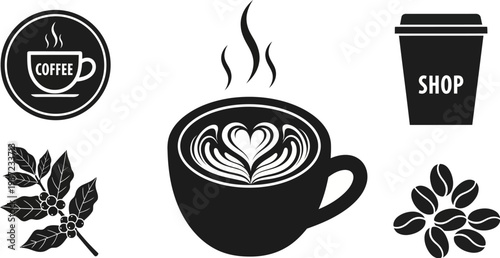Black and white coffee icons including cup with heart design steam coffee beans and leaves on white background