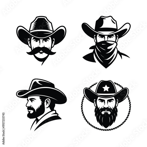 Cowboy head vector set featuring hats, mustaches, beards, bandanas, and lasso design elements, perfect for western illustrations, posters, branding, logos, and creative vector projects.