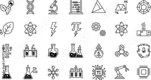 Science and technology related icons and symbols in black and white  various educational illustrations