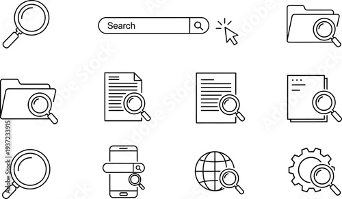 line style icons of search and investigation concepts with magnifying glass on various objects