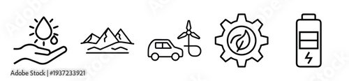 Set of simple line icons representing eco-friendly themes and renewable energy sources on transparent background. on transparent background