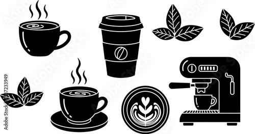 black and white coffee icons with cups and leaves on white background