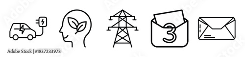 Set of simple icons representing eco-friendly electric car, green energy, power transmission, and email notifications on transparent background