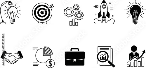 black and white business and finance icons set including light bulb target gears handshake briefcase and graphs