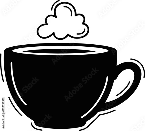 A steaming cup of coffee or tea in a simple black line drawing style