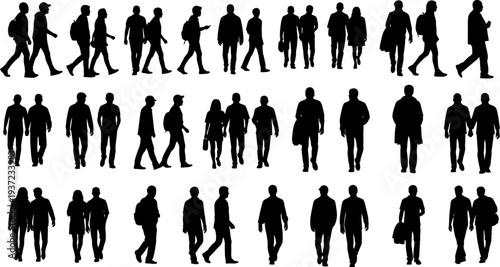 Collection of people walking silhouettes in various poses and directions on white background
