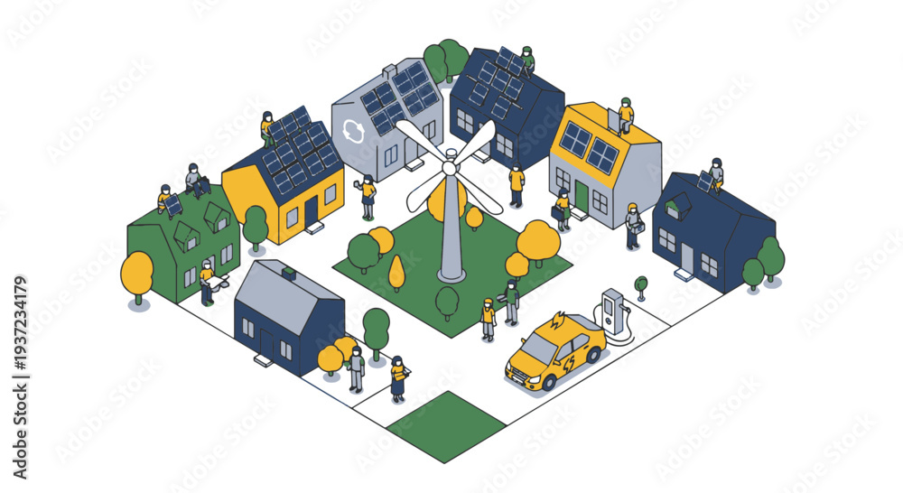 Fototapeta premium Sustainable Community with Solar Panels Wind Turbine Electric Car Charging Station and People Working