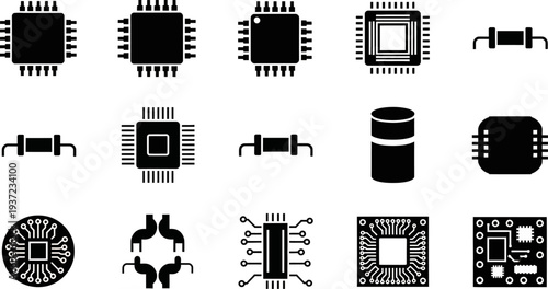 Collection of various electronic microchip and circuit board icons for technology and engineering concepts