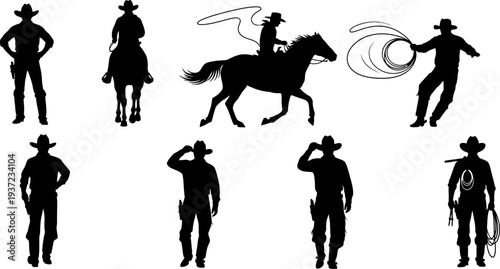 set of cowboy silhouettes with various poses and actions on white background