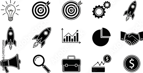 collection of business strategy and finance icons including targets graphs and money isolated on white background