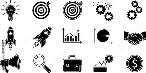 Collection of business and finance icons in black and white line art style
