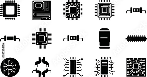 Collection of various electronic microchip and circuit board component icons