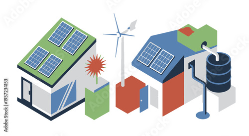 Sustainable Houses with Solar Panels Wind Turbine and Water Tank Illustrating Eco friendly Living and Renewable Energy Concepts