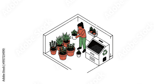 Person Tending to Indoor Plants Within a Greenhouse Structure Composting Bin Present