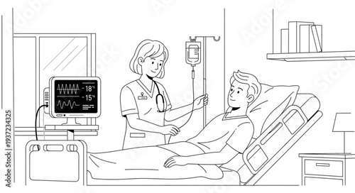 Nurse attending to patient in hospital bed with medical equipment.