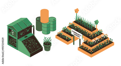Sustainable Urban Garden Ecosystem Featuring Composting Bins Water Barrels and Tiered Planters with Vegetables and Flowers