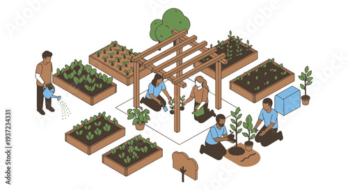 Community Garden Scene with Diverse People Tending to Plants in Raised Beds and Under a Wooden Pergola Structure