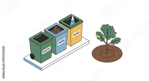 Recycling Bins for Plastic Paper and Glass Next to a Small Oak Tree Planted in Fertile Soil for Environmental Awareness