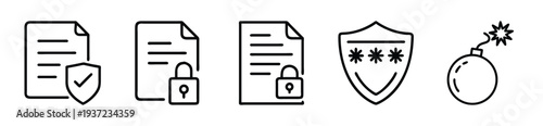 Vector illustration of security icons including documents and shields representing data protection and threats on transparent background. on transparent background