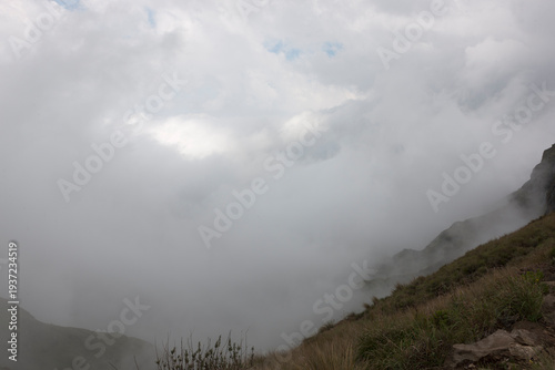 South African mountain landscape in the Lesotho region on a cloudy summer day