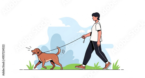 Young Man Walking Dog on Leash in Park.