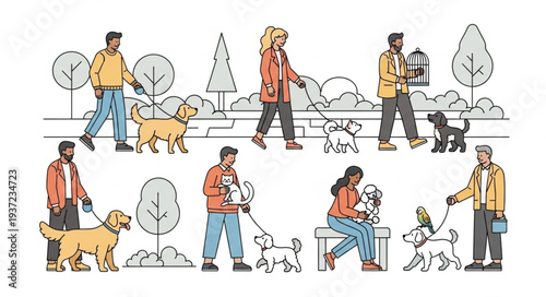 People Walking Dogs in Park Scene Illustration.