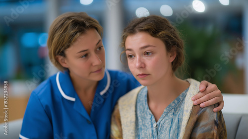 Wallpaper Mural Mental health nurse sitting quietly beside a distressed patient in a psychiatric ward offering calm presence, perfect for mental health nursing, psychiatric care, patient support, nursing Torontodigital.ca