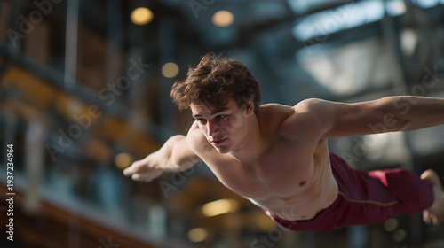 Elite gymnast performing a perfect full twisting double back somersault dismount at an international championship, perfect for elite gymnastics, advanced tumbling, world class performance,