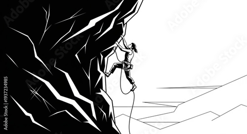 Man climbing a steep rock face with a rope, determination and focus.