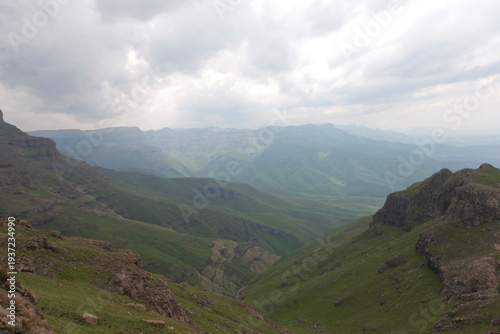 South African mountain landscape in the Lesotho region on a cloudy summer day