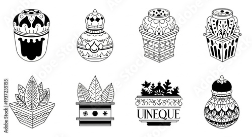 Intricate Ornamental Designs Depicting Various Decorative Vessels and Containers.