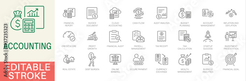Accounting and Financial Management line icon set. Includes symbols for Tax Calculation, Payroll, Budget, and Audit. Editable stroke vector icons for annual reports, business analysis, and web design.