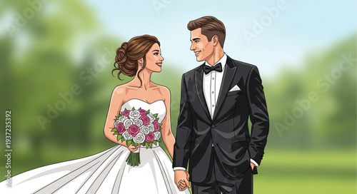 Elegant Bride and Groom Wedding Portrait Outdoors.