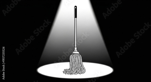 A solitary mop stands illuminated in a dramatic spotlight, center stage.