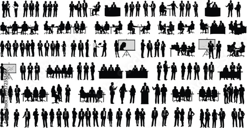 Business people silhouettes mega collection, corporate meetings, presentations, teamwork and office discussions in different poses isolated on white background.