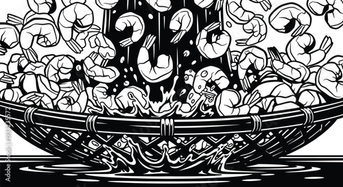 Fresh raw shrimp falling into a wicker basket splash illustration