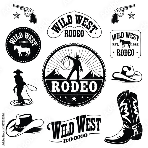 Set of vintage rodeo emblems and design elements, featuring western motifs, cowboy themes, horses, lassos, and rustic badges, perfect for posters, branding, and creative vector projects.