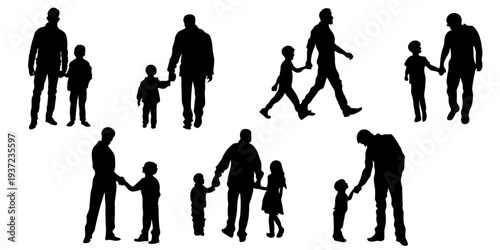 Collection of father and children silhouettes in different poses. Dads walking, playing and caring for kids. Concept of fatherhood, parenting, family love and childcare. Isolated vector illustration.
