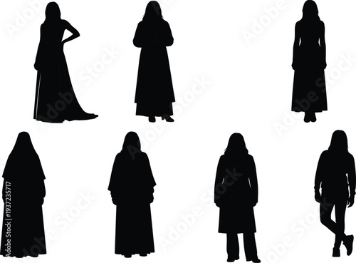 Muslim women silhouettes collection wearing hijab and modest clothing in different standing poses isolated on white background for culture and religion concept.