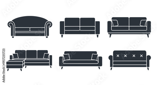 Collection of six modern and classic sofa silhouettes in dark grey representing diverse furniture styles for interior