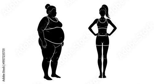 Silhouette comparison of an overweight person and a fit person in sportswear illustrating weight loss and healthy