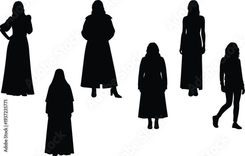 Muslim women silhouettes collection wearing hijab and modest clothing in standing and walking poses isolated on white background for culture concept.