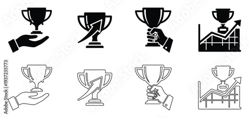 Business Achievement, Winner Trophy, Success Award and Performance Growth Solid and Outline Icon Set with Hand Holding Cup, Rising Chart and Victory Goal Symbols