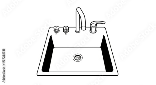 Detailed illustration of a stainless steel kitchen sink with faucet and controls.