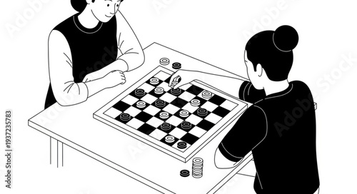 Two women playing checkers, focused on the board game, strategic thinking.
