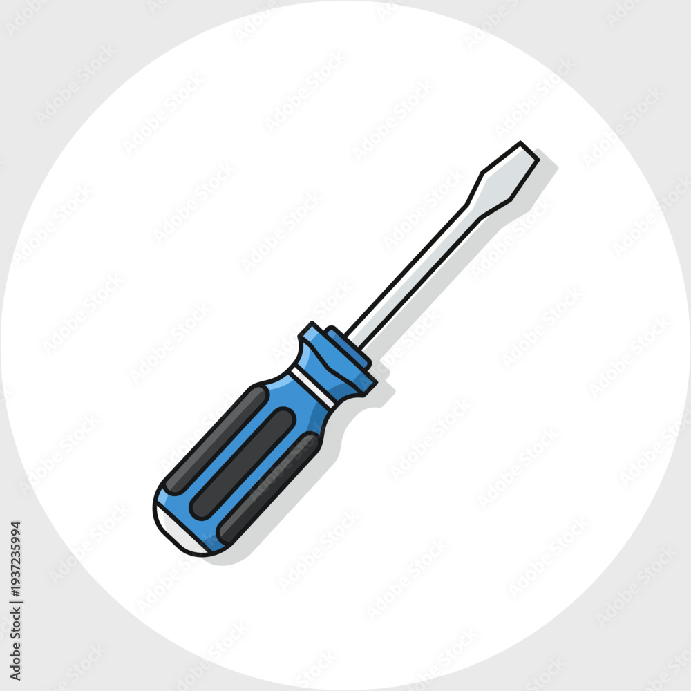 Fototapeta premium Playful Doodle Style Flathead Screwdriver Icon with Blue Handle in a Circle for Creative DIY Content