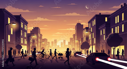 City street scene at dusk with people and cars moving around.