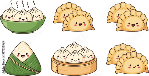 Kawaii dim sum vector set, cute steamed buns, dumplings, and zongzi with happy faces, Chinese food cad drawing flat vector illustration