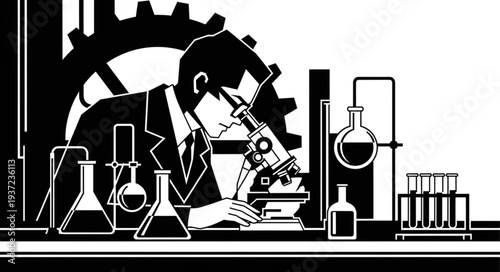 Scientist in Lab Coat Analyzing Sample Under Microscope for Research.