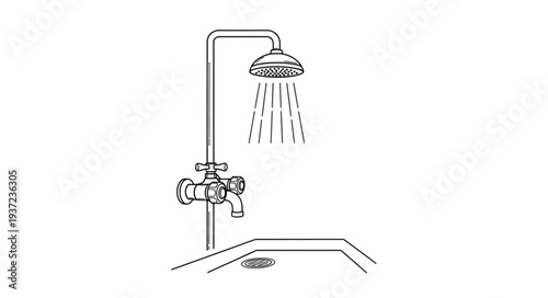 Shower fixture with water flowing from the shower head, simple line drawing.